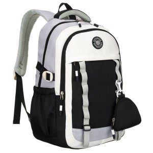Białoczarny plecak szkolny z poliestru z poręczną dodatkową saszetką - Peterson