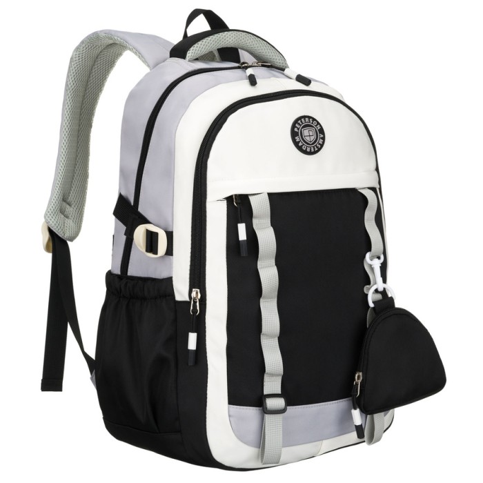 Białoczarny plecak szkolny z poliestru z poręczną dodatkową saszetką - Peterson