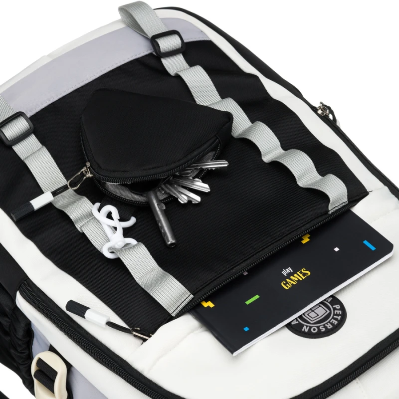 Białoczarny plecak szkolny z poliestru z poręczną dodatkową saszetką - Peterson
