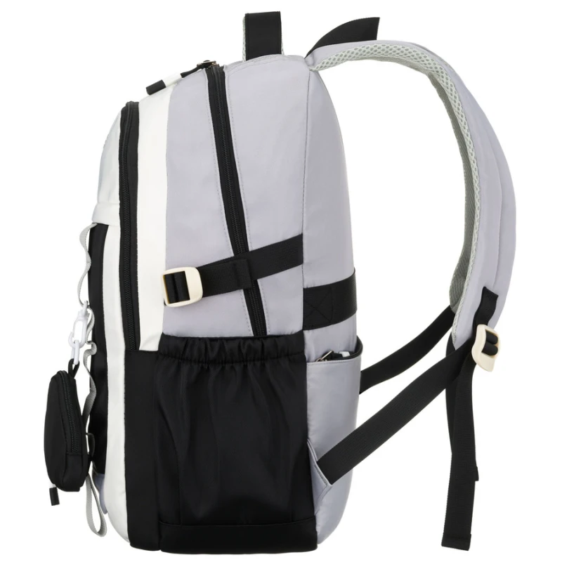 Białoczarny plecak szkolny z poliestru z poręczną dodatkową saszetką - Peterson