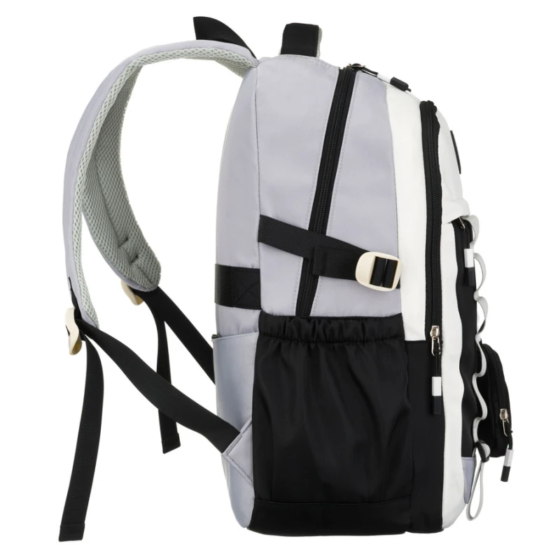 Białoczarny plecak szkolny z poliestru z poręczną dodatkową saszetką - Peterson