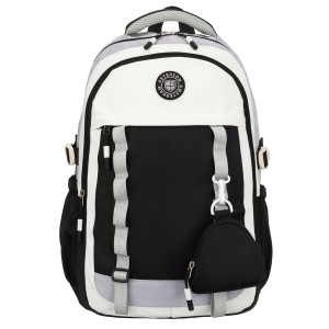 Białoczarny plecak szkolny z poliestru z poręczną dodatkową saszetką - Peterson