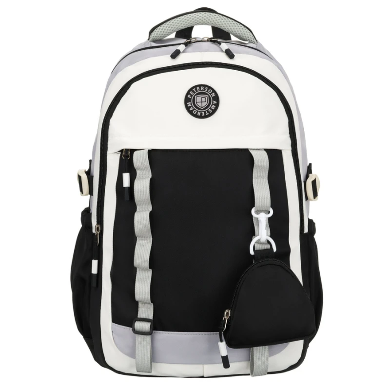 Białoczarny plecak szkolny z poliestru z poręczną dodatkową saszetką - Peterson