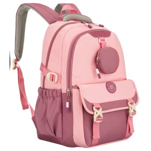 Pojemny plecak szkolny z poliestru w różowym kolorze zawieszony na regulowanych szelkach - Peterson