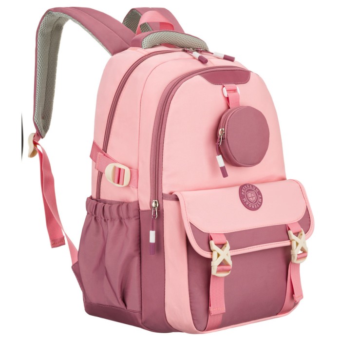Pojemny plecak szkolny z poliestru w różowym kolorze zawieszony na regulowanych szelkach - Peterson