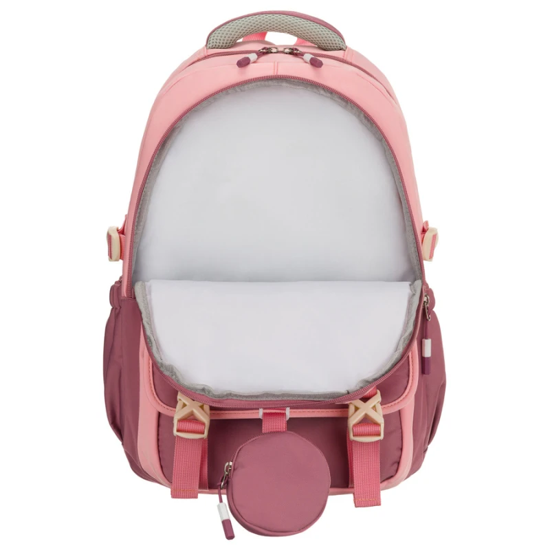 Pojemny plecak szkolny z poliestru w różowym kolorze zawieszony na regulowanych szelkach - Peterson