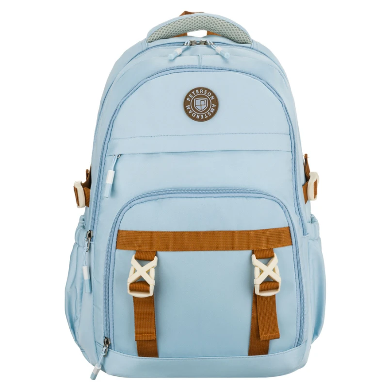 Plecak szkolny z poliestru w błękitnym kolorze zawieszony na regulowanych szelkach - Peterson