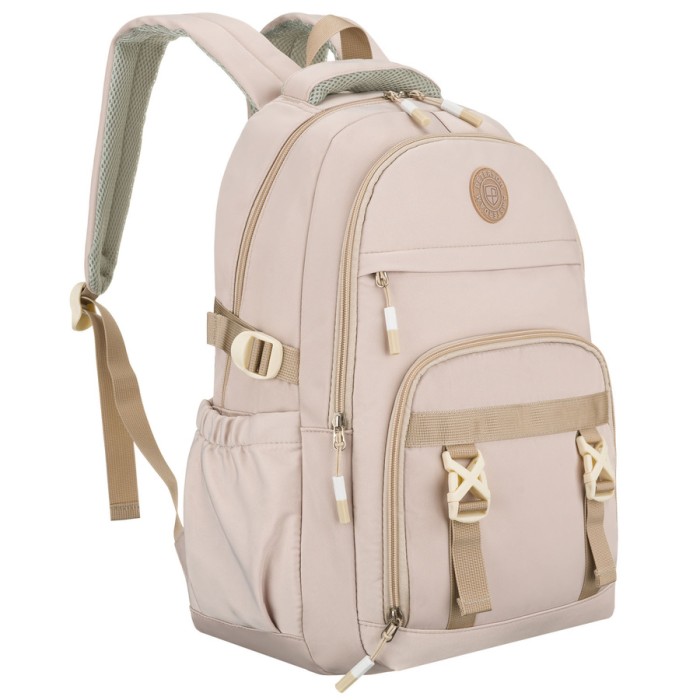 Beżowy, modny plecak szkolny z poliestru zawieszony na regulowanych szelkach - Peterson