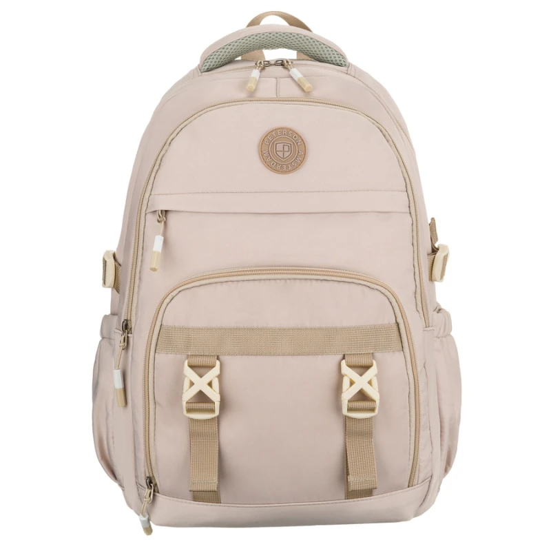 Beżowy, modny plecak szkolny z poliestru zawieszony na regulowanych szelkach - Peterson