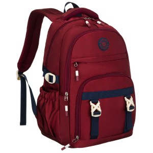 Bordowy plecak szkolny z poliestru wyposażony w boczne pasy kompresyjne - Peterson