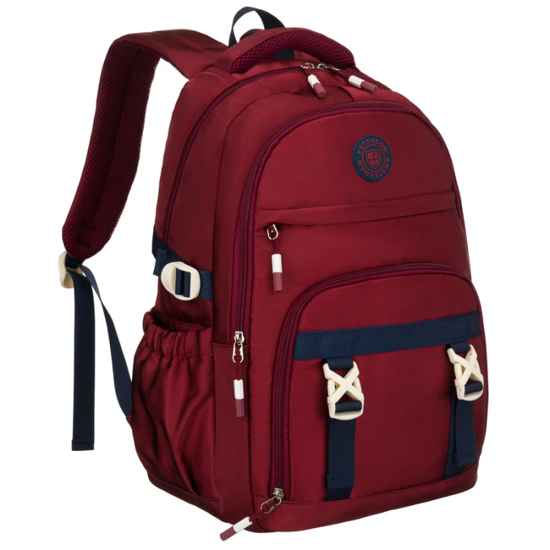Bordowy plecak szkolny z poliestru wyposażony w boczne pasy kompresyjne - Peterson