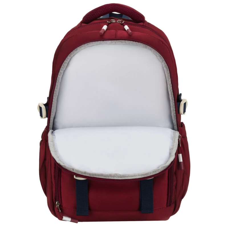 Bordowy plecak szkolny z poliestru wyposażony w boczne pasy kompresyjne - Peterson