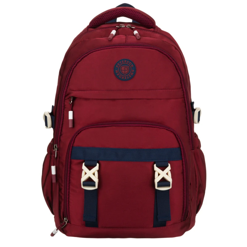 Bordowy plecak szkolny z poliestru wyposażony w boczne pasy kompresyjne - Peterson