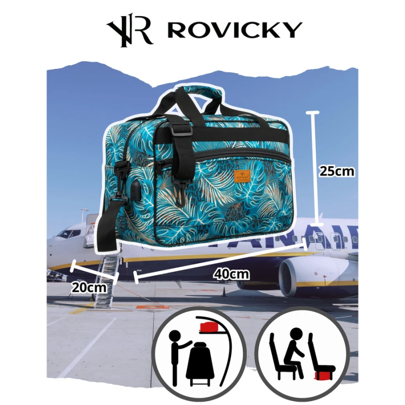 Torba podróżna pokryta roślinnym wzorem wyposażona w dopinany pasek - Rovicky