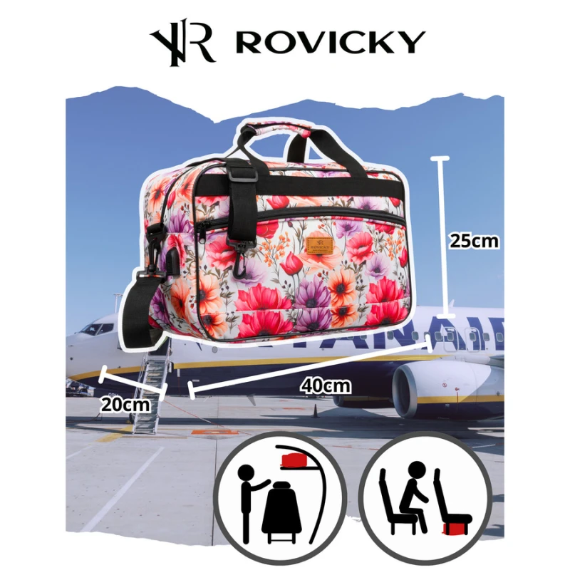 Wielokolorowa torba podróżna z wytrzymałego poliestru z portem USB, pokryta roślinnym wzorem - Rovicky