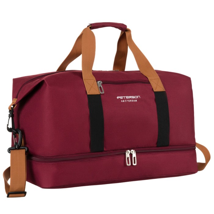 Pojemna torba weekendowa wykonana z poliestru w burgundowym kolorze, zamykana suwakiem - Peterson