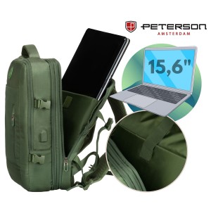 "Boczny widok zielonego plecaka Peterson z portem USB i pasami kompresyjnymi"