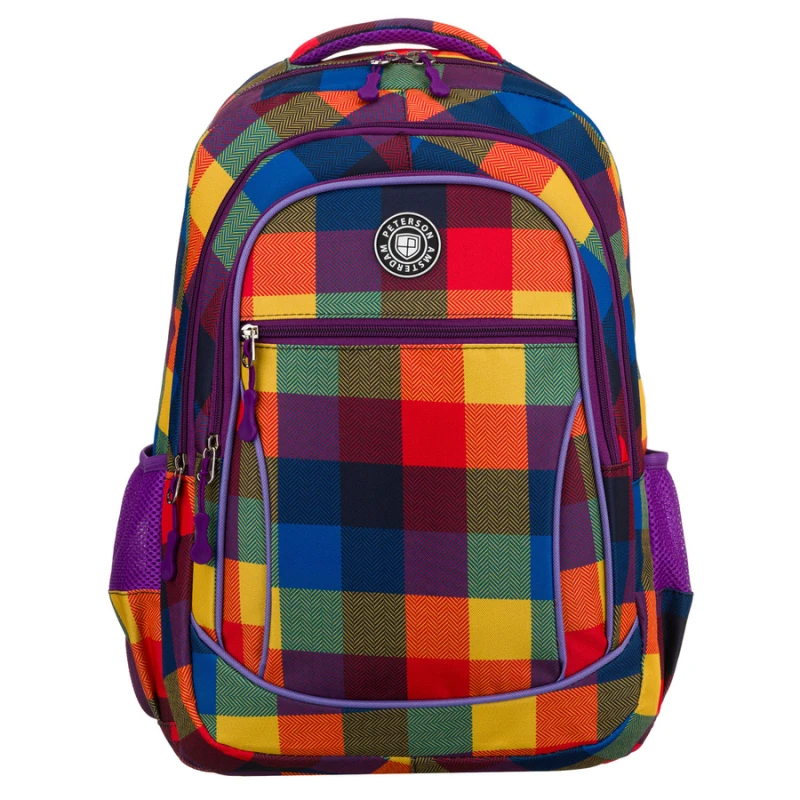 Plecak szkolny w kratę odszyty z poliestru, zawieszony na regulowanych szelkach - Peterson