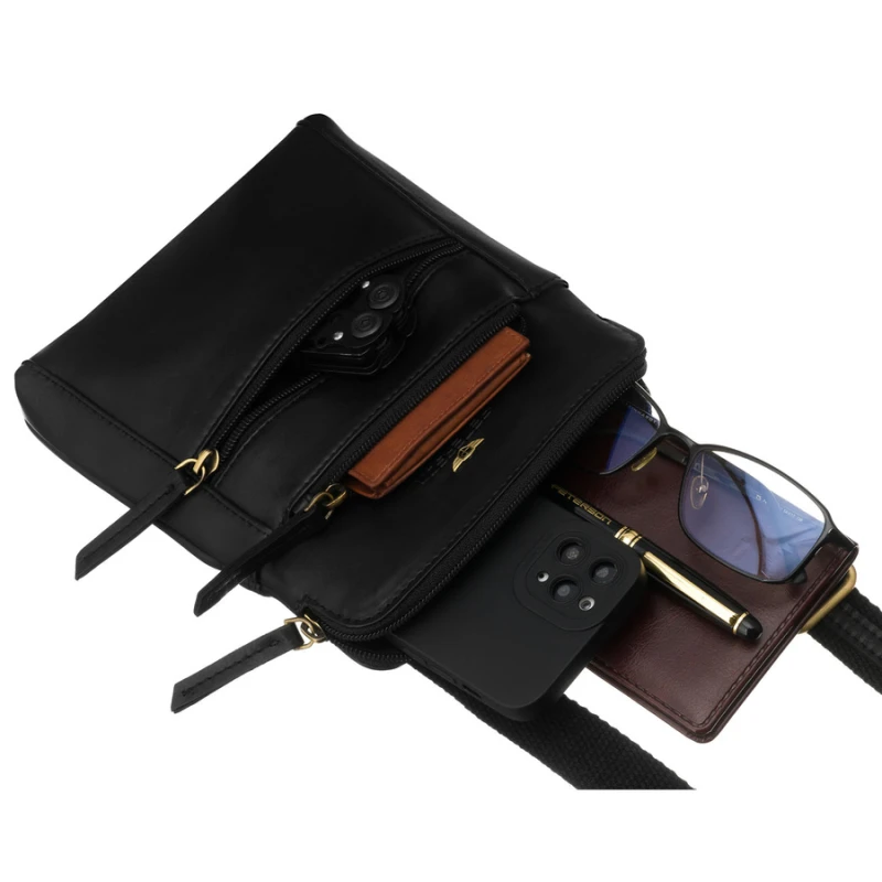 Elegancka listonoszka męska ze skóry naturalnej w czarnym kolorze zamykana suwakiem - Peterson