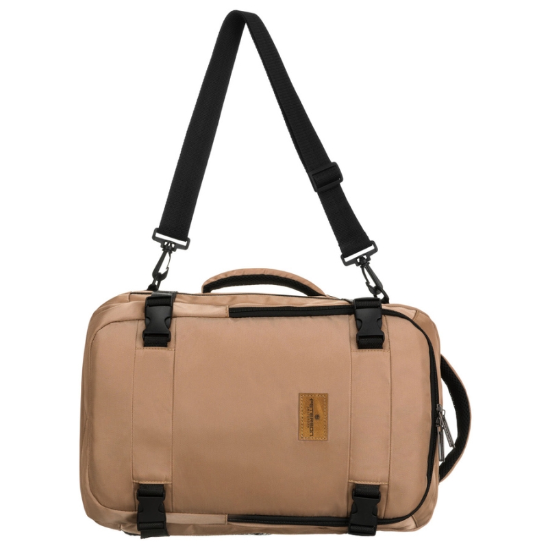 Plecak podróżny z poliestru w beżowym kolorze, zawieszony na oddychających szelkach - Peterson