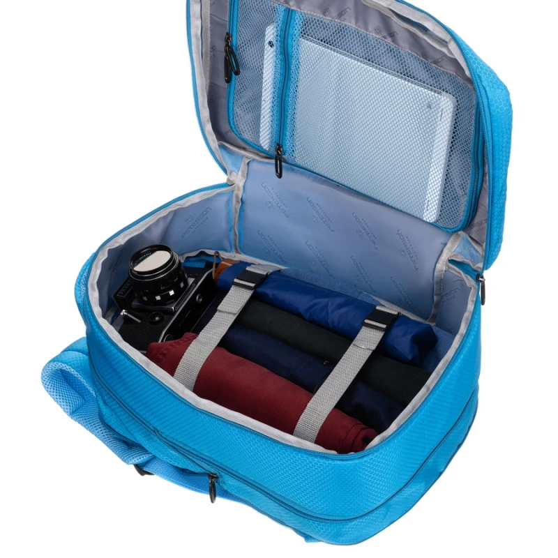 Podróżny plecak z poliestru w niebieskim kolorze wyposażony w oddychające szelki - Peterson