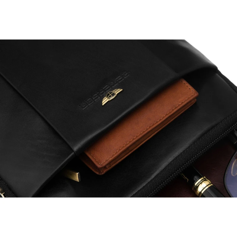 Dwukomorowa, czarna listonoszka męska ze skóry naturalnej zawieszona na regulowanym pasku - Peterson