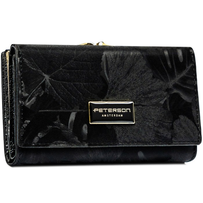 Poziomy, modny portfel damski ze skóry naturalnej i ekologicznej w czarnym kolorze - Peterson