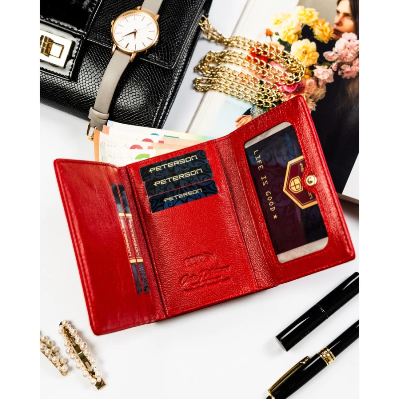 Elegancki, czerwony portfel damski ze skóry naturalnej i ekologicznej - Peterson