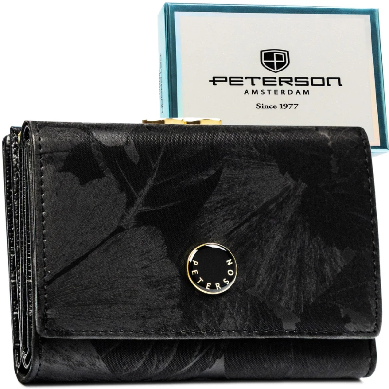 Elegancki portfel damski ze skóry naturalnej i ekologicznej w czarnym kolorze - Peterson