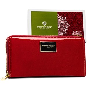 Duży portfel damski z lakierowanej skóry naturalnej w czerwonym kolorze zamykany suwakiem - Peterson