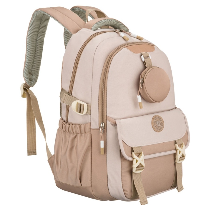 Praktyczny plecak szkolny z poliestru w beżowym kolorze z dodatkową saszetką i miejscem na bidon - Peterson