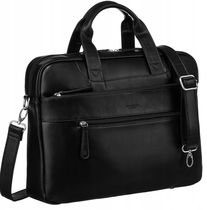 "Torba na laptopa Peterson czarna, wykonana ze skóry ekologicznej, z regulowanym paskiem i uchwytami"