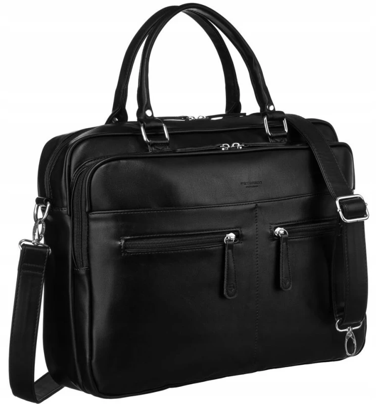 "Torba na laptopa Peterson w kolorze czarnym wykonana z wysokiej jakości skóry ekologicznej. Z regulowanym paskiem i srebrnymi okuciami."