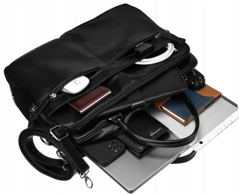 "Elegancka torba na laptopa do 14 cali z kieszenią na urządzenie, idealna na spotkania biznesowe i codzienne użytkowanie."