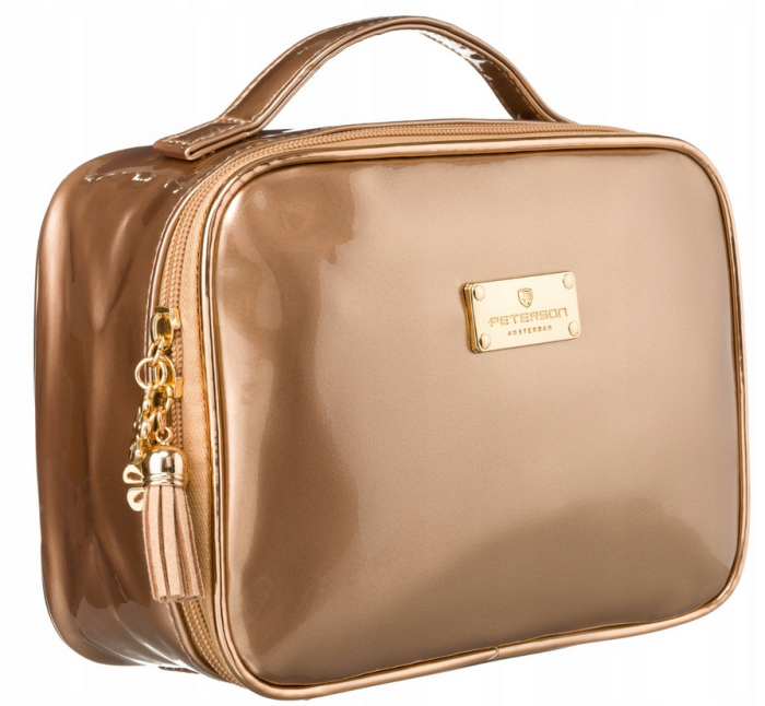 "Złoty organizer podróżny Peterson z uchwytem do przenoszenia i eleganckimi złotymi detalami."