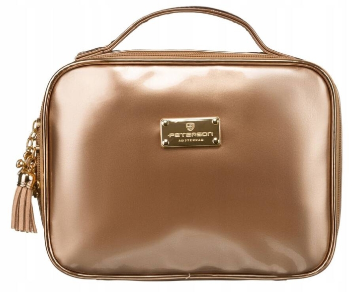 "Piękny organizer podróżny Peterson w złotej odsłonie z funkcjonalnym wnętrzem i wygodnym uchwytem."