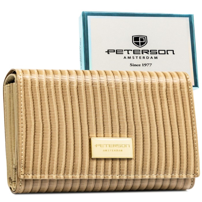 Portfel damski ze skóry naturalnej i ekologicznej w beżowym kolorze ze wzorem plecionki - Peterson