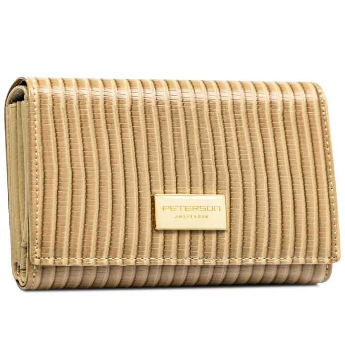 Portfel damski ze skóry naturalnej i ekologicznej w beżowym kolorze ze wzorem plecionki - Peterson