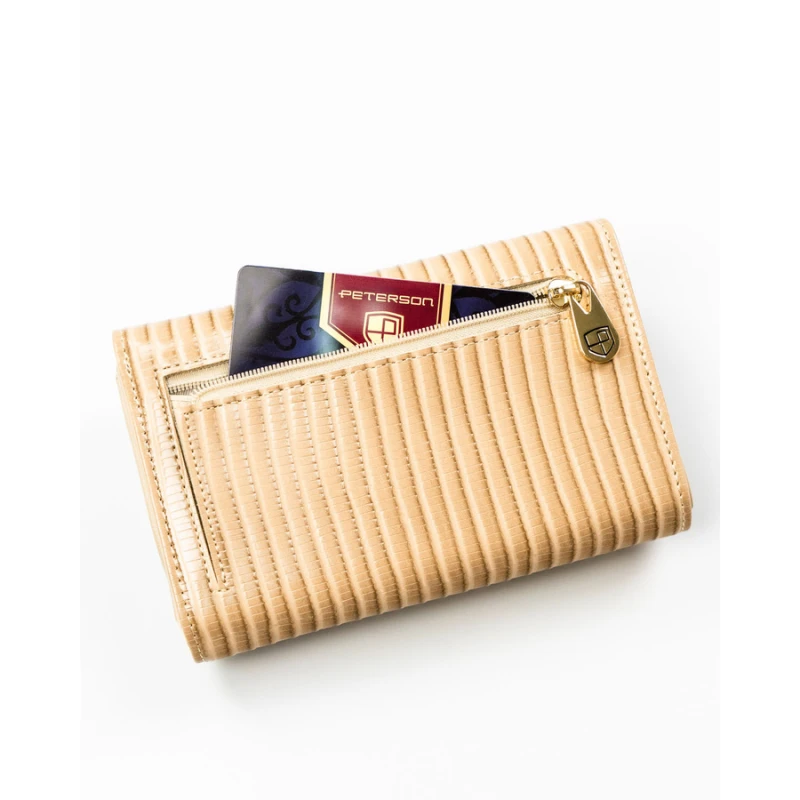 Portfel damski ze skóry naturalnej i ekologicznej w beżowym kolorze ze wzorem plecionki - Peterson