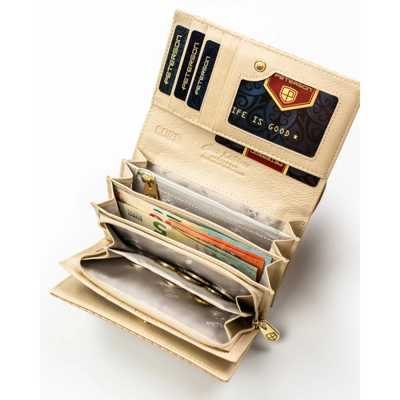 Portfel damski ze skóry naturalnej i ekologicznej w beżowym kolorze ze wzorem plecionki - Peterson