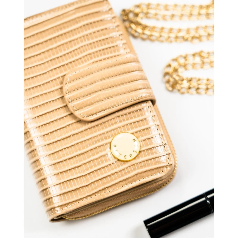 Portfel z ozdobną plecionką w beżowym kolorze, wykonany ze skóry naturalnej i ekologicznej - Peterson