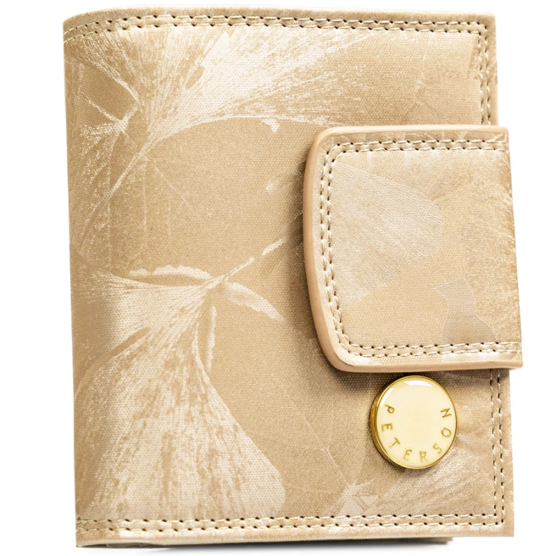 Mały, beżowy portfel damski zamykany na bigiel i zatrzask, pokryty roślinnym wzorem - Peterson