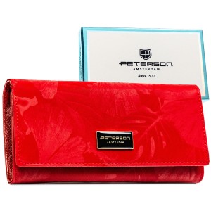 Duży, czerwony portfel damski ze skóry naturalnej i ekologicznej zamykany zatrzaskiem - Peterson