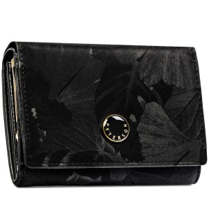 Poziomy portfel damski ze skóry naturalnej i ekologicznej w czarnym kolorze zamykany zatrzaskiem - Peterson