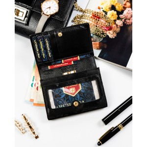 Poziomy portfel damski ze skóry naturalnej i ekologicznej w czarnym kolorze zamykany zatrzaskiem - Peterson