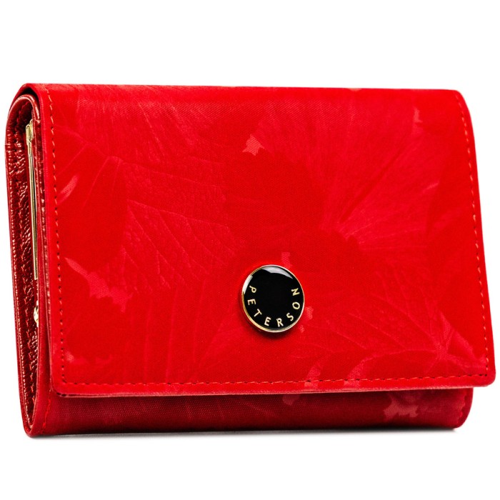 Poziomy, czerwony portfel damski ze skóry naturalnej i ekologicznej zamykany zatrzaskiem - Peterson