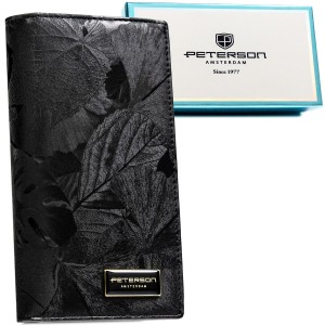 Duży, pionowy portfel damski w czarnym kolorze zamykany na magnes i suwak - Peterson