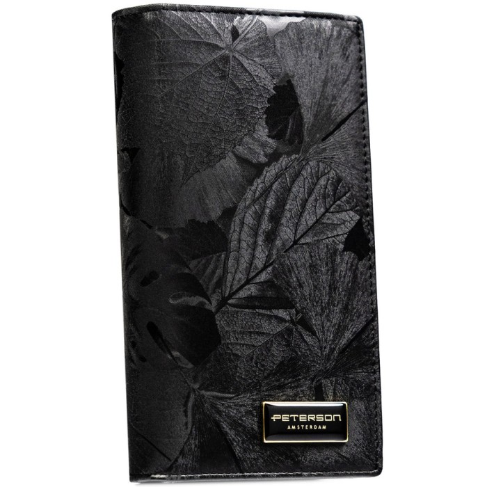 Duży, pionowy portfel damski w czarnym kolorze zamykany na magnes i suwak - Peterson