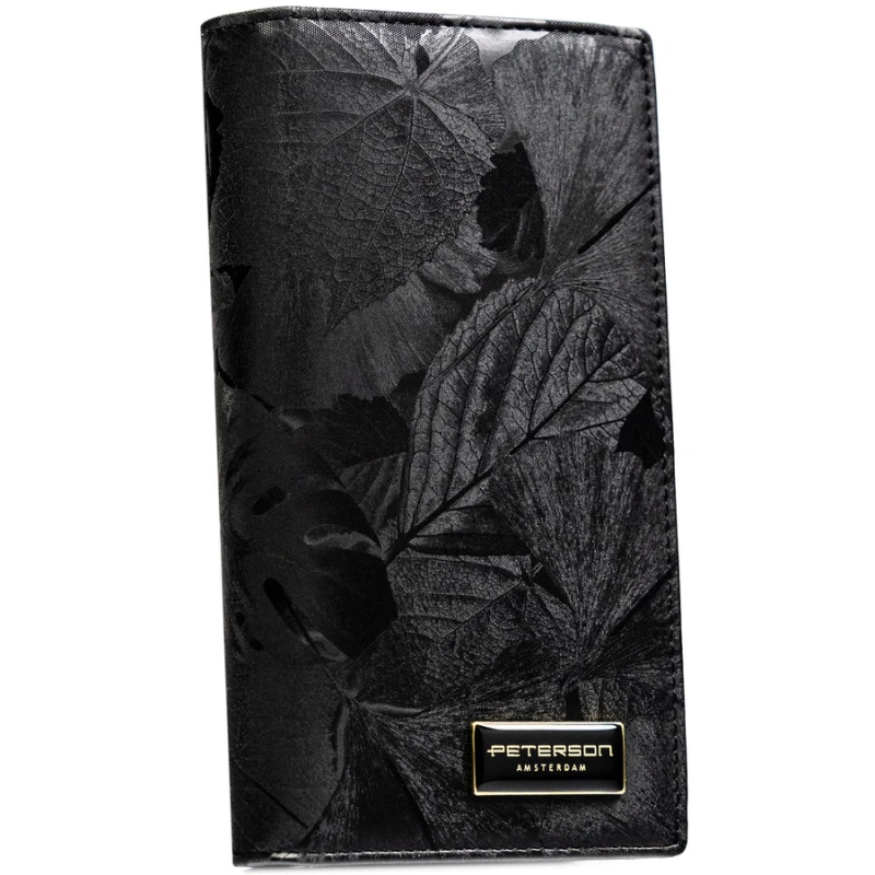 Duży, pionowy portfel damski w czarnym kolorze zamykany na magnes i suwak - Peterson