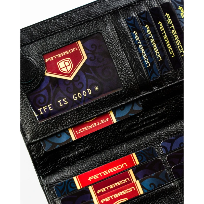 Duży, pionowy portfel damski w czarnym kolorze zamykany na magnes i suwak - Peterson